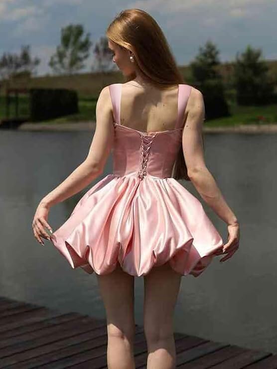 Satin Flower Bud Homecoming Dress for Women Summer Casual Backless Mini Short Dresses AX3372