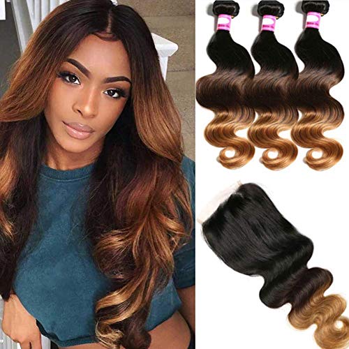 Hairitory 3 Tone Ombre Body Wave Bundles With Closure Brazilian 8A Virgin T1B/4/30 Human Hair Bundles With Closure 100g/PC So Soft(12 14 14+10 T1B/4/30)