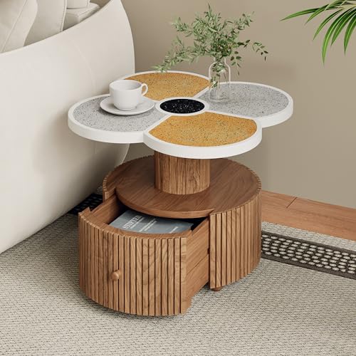 AMNOOI Unique Four-Leaf Clover Accent Table with Wood-Grain Storage Drawer – Compact Resin-Bound Gravel Side Table for Living Room, Bedroom & Small Spaces