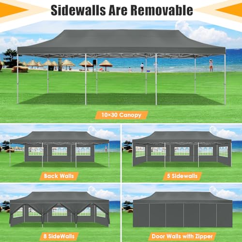 Image of HOTEEL 10x30 Pop Up Commercial Instant Canopy, with 8 Sidewalls for Party Wedding Event Use, Waterproof UV 50+, Thickened Hexagonal Legs, Includes Carry Bag, Grey