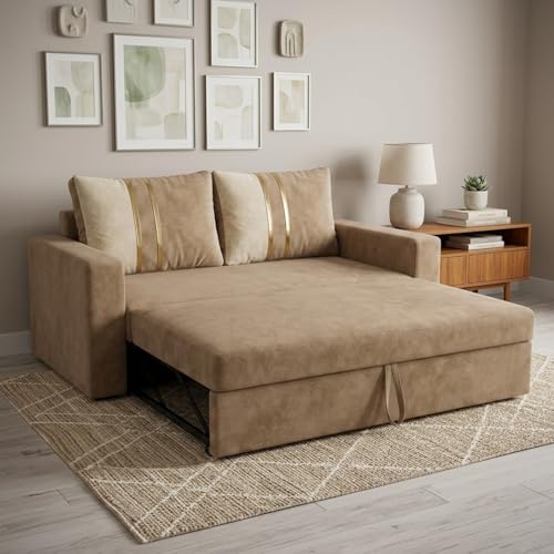 Sara 2 Seater Fabric Pull-Out Sofa Cum Bed Function | Luxury Velvet Suede Finish | Durable Comfort | Ideal for Living Room -Beige