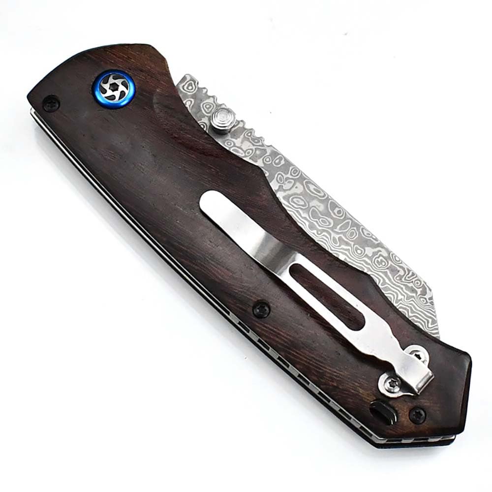 Taschenmesser Damast Sammeln Klappmesser Aus Damaszener Damaststahl Holzgriff mit Axis lock, Ebenholz, 9.3cm Klinge, Outdoor Edc Messer Survival Jagdmesser, Damaskus Geschmiedet, Einhandmesser/Holster