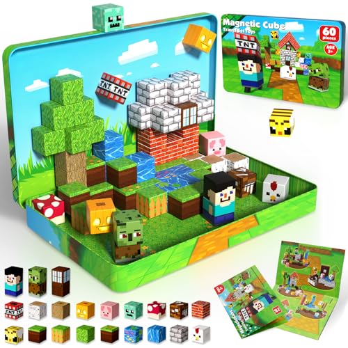 Construction Magnetique Enfant Jouets de Voyage 60 Pièces - Magnetic Blocks dans Boîte Métallique Portable, Idéal pour jouer tranquillement dans avions et...