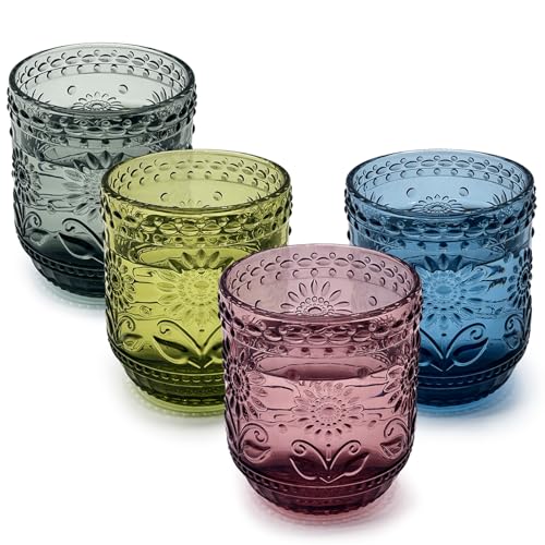 UPZAI Set 4 Bicchieri Acqua Vetro 360 ml: Bicchieri Colorati Vintage con Lavorazione a Rilievo - Bicchiere Vetro per Whisky Caffe Cocktail - Lavabile in Lavastoviglie (Flower set)