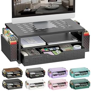 Gianotter D-3-2 Support rehausseur pour écran d'ordinateur bureau avec tiroir et porte-stylos, accessoires bureau pour espace de travail