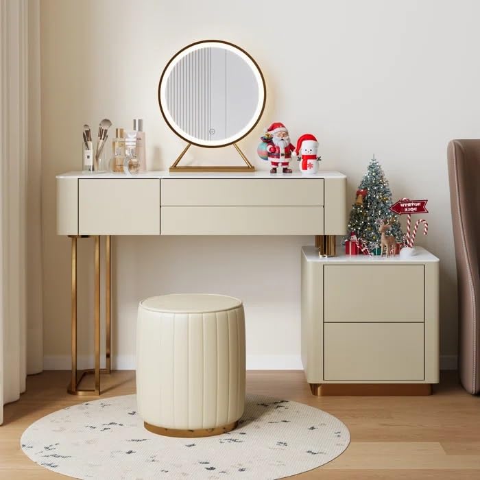 modern vanity dressing table set with led mirror, storage drawers, cushioned stool, white and gold