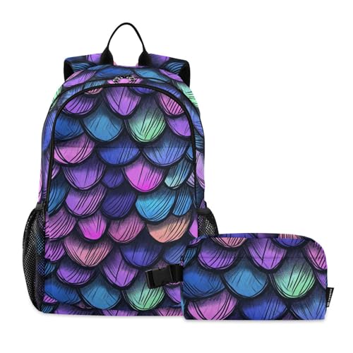 Travel Backpack Lunch Bag Set for Hiking Picnic, Backpacks with Insulated Lunch Box Cartoon Scales Print