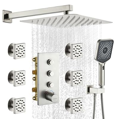 CASAINC 12 Inch Rain Shower Head with Handheld, Thermostatic Shower System Brushed Nickel, Rainfall Shower System with Body Jets, 3-Functions Wall Mounted Shower System with Thermostatic Valve