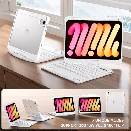 Image of Transparent Case with Keyboard for iPad mini 7 A17 Pro(2024) & Mini 6 (2021) 8.3 inch,7-Color Backlit,Wireless Keyboard, 360Rotating,with trackpad,Pencil Holder,with Shortcuts,White