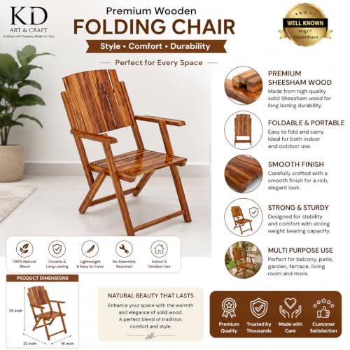 Image of WELL KNOWN Wooden Folding Chair | Portable Foldable Armchair for Balcony, Patio, Living & Drawing Room | Sheesham Wood, Honey Finish (Nature)