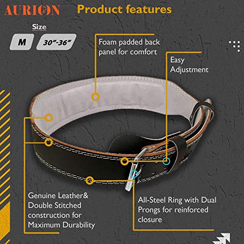 Image of Aurion by 10CLUB Weight Lifting Gym Belt-Medium | Leather Gym Belt for Workout with Padded Back Support | Dead Lift Belt - Black- Gold