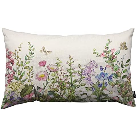 TKS MITLAN Wild Flowers Leaves Throw Pillow Case Cushion Cover Botanical Spring Watercolor Herbs Decorative Throw Pillow Covers Linen Cushion Case for Sofa Couch Cover