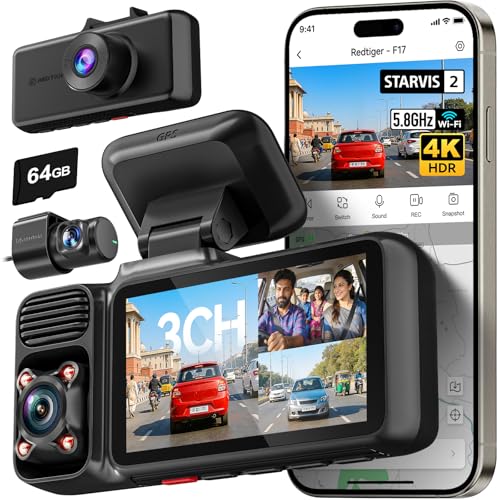 Image of REDTIGER F17 2026 Edition 4K 3 Channel Dash Cam for Car, Upgraded STARVIS 2 IMX675 Sensor, 4K Front + 1080P Cabin + 1080P Rear, 5.8GHz WiFi + GPS, IR Night View, WDR, 64GB Card Included