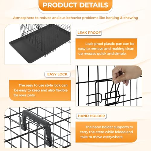 Faltbarer Hundekäfig mit 2 Türen, herausnehmbarem Tablett, 107 x 70 x 76 cm, Transportkäfig für Hunde, Kaninchen, Welpen und Haustiere, aus Metall, Schwarz