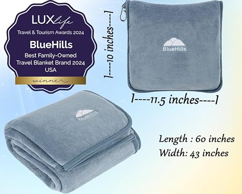 Image of BlueHills Premium Soft Plush Travel Blanket Pillow for Airplane Traveling Essentials in a Bag Flight Throw with Hand Luggage Belt Backpack Clip Compact Portable Plane Accessories Grayish Blue - T026