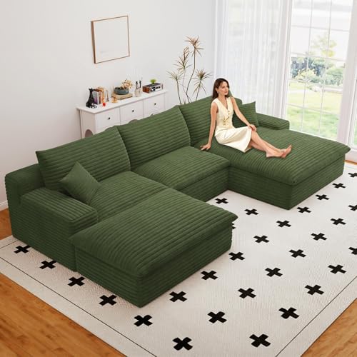 Image of 107 inch Cloud Couch Modular Sectional Sofa for Living Room, U-Shape Boneless Couch with Deep Seat, Modern Corduroy 3-Seater with Ottoman, No Assembly Required (Green,Right-Facing Chaise)