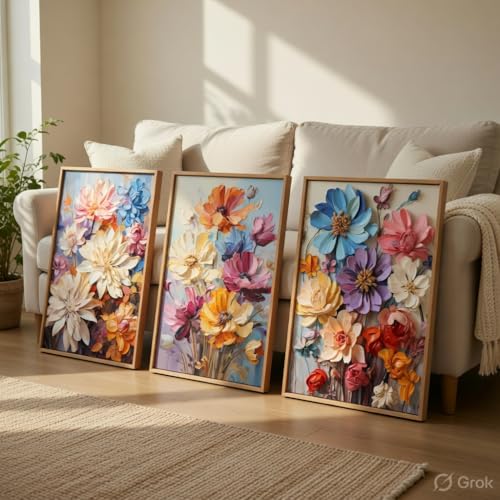 Image of Livin'luxe Colorful Floral Wall Painting Set of 3 with Wooden Frames | Modern Flower Bouquet Artwork HD Sparkle Laminated MDF Wall Decor | Botanical Wall Art for Living Room Bedroom