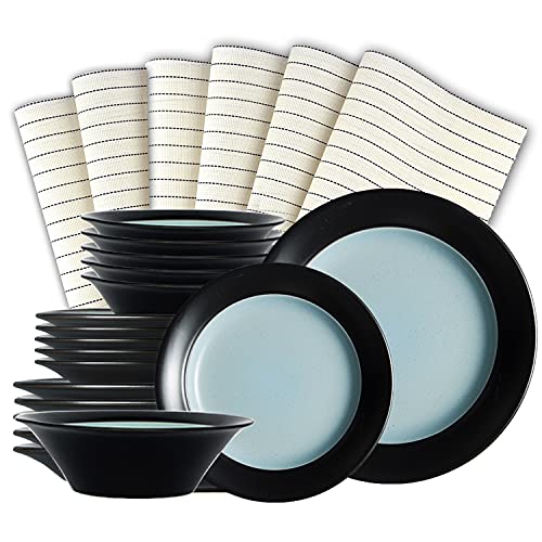 24-Piece Porcelain Kitchen Dinnerware Set with 6 pcs 10'' Dinner Plates 8'' Appetizer snack plates 7" Cereal Bowls and Placemat Cover