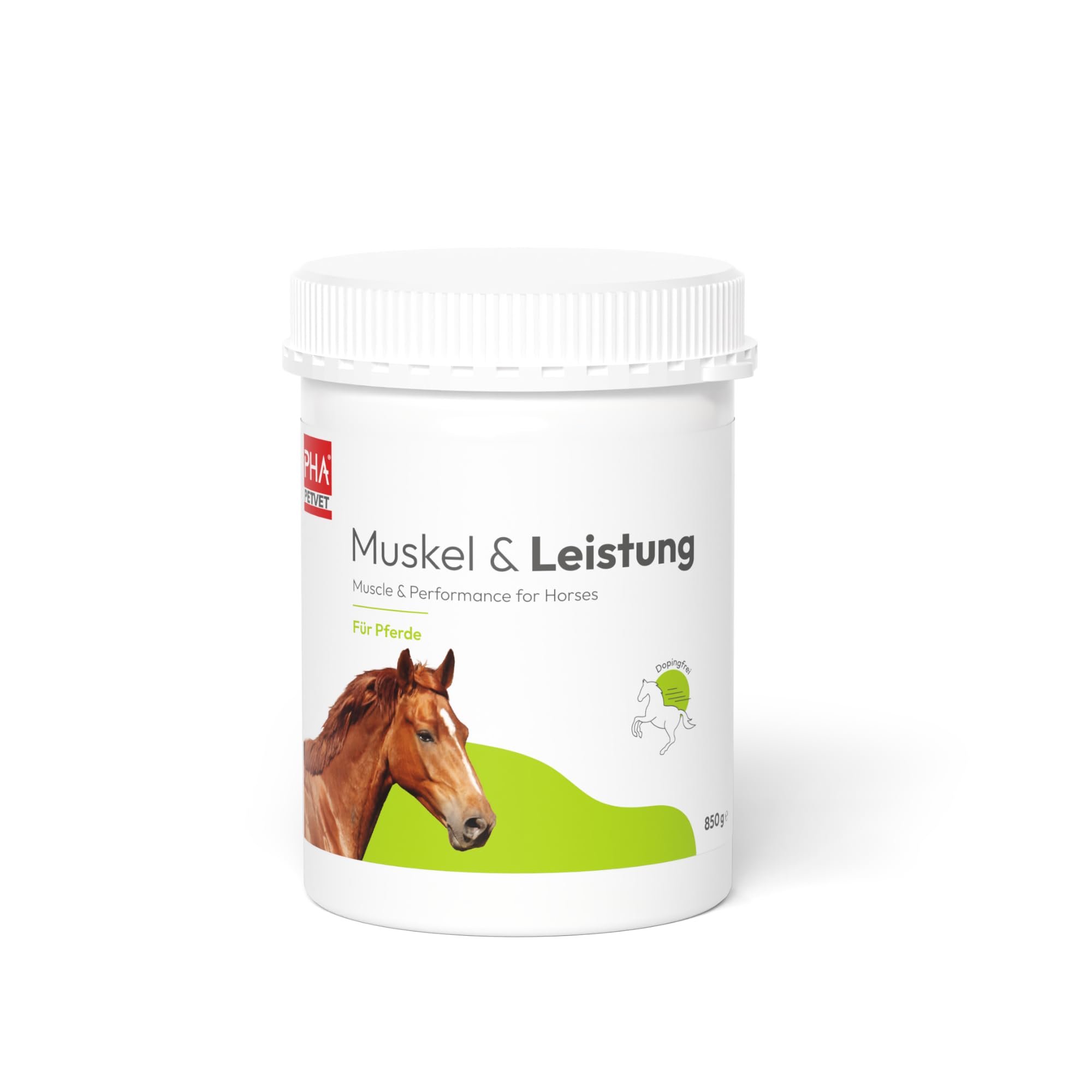 PHA Muskel & Leistung für Pferde – Mineralstoffe und Vitamine für Muskelaufbau & Leistungsfähigkeit, mit Vitamin E, Magnesium Pferd & Selen Pferd, Pulver 850 g, ohne Zucker