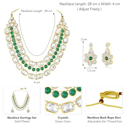 Image of Peora Crystal Studded Gold Plated Layered Long Necklace & Dangle Earring Jewellery Set for Women & Girls
