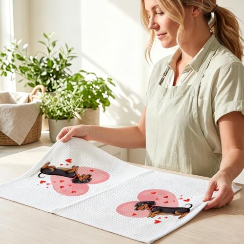 Image of 4 Pcs Dachshund Kitchen Towels 24x14 Inch, Dachshund Gifts Reusable Dish Towels for Kitchen Bathroom Decor, Waffle Weave I Love You Hand Cloth Tea Towel, Cute Dog Valentine's Gifts for Girlfriend Wife