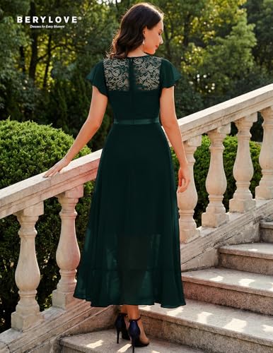 Image of BeryLove Formal Long Dresses for Women Wedding Guest Cocktail Bridesmaid | Airy Lace & Chiffon Evening Gown, Flutter Sleeve, Ideal for Mother of the Bride, Prom, Homecoming Party & Semi-Foraml Events