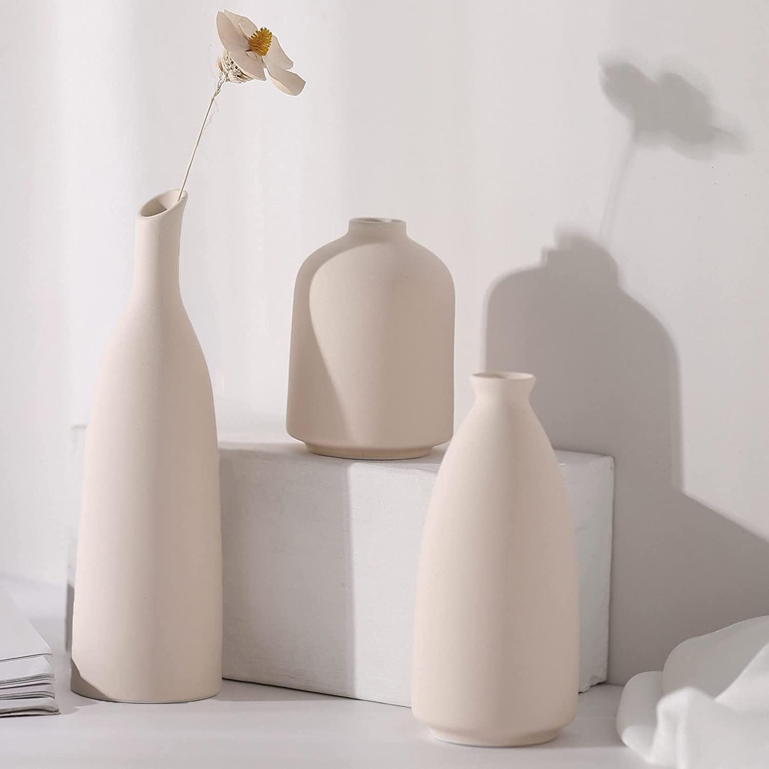 Ceramic Vase Set- 3Pcs Vases, Small Flower Vase Ceramic Vase Decor for Modern Rustic Farmhouse, Decorative Vase for Pampas Grass & Dried Flowers, Table, Bookshelf, Mantel and Entryway Decor-Beige