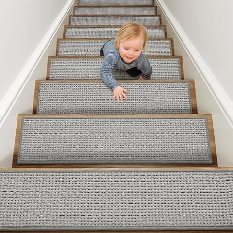 tchdio Chenille Stair-Treads Non Slip for Wooden Steps Indoor 15pc Carpet Stair Treads, Rubber Backing Stair Carpet Treads, Residue Free 8"x30" Edging Stair Treads for Kids and Pets, Grey Cover