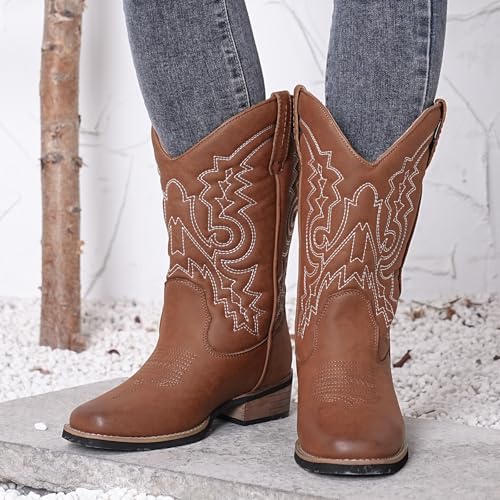 Image of ZOKSOVE Women's Cowboy Western Boots - Square Toe Wide Calf Boots - Low Heels Short Mid Calf Booties Shoes