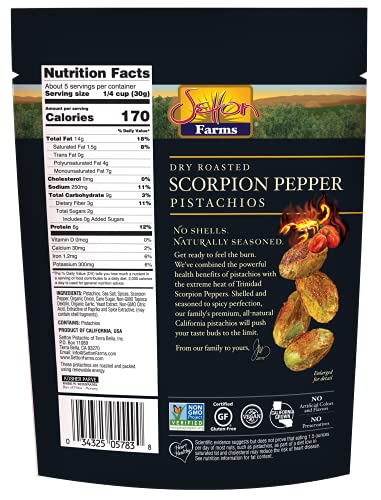 Image of Setton Farms Pistachios, Scorpion Pepper Extreme Flavor Naturally Seasoned No Shell Pistachio Nuts, Resealable Pouches, Non-GMO Project Verified, Gluten Free, Vegan, Kosher, 5 oz, Pack of 8