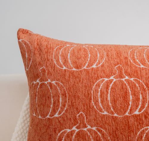 Image of Fall Pumpkin Chenille Pillow Covers, Autumn Decor(Orange,18x18) | Double-sided pumpkin and plaid designs, thick chenille texture, hidden zipper, for couch, sofa, bed, farmhouse autumn decor