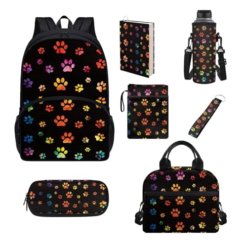 Set di 7 pezzi zaino per scuola elementare primaria sencondaria ragazze ragazzi bookbag borsa pranzo astuccio zampa di cane colorata. Taglia unica Set di zaini per la