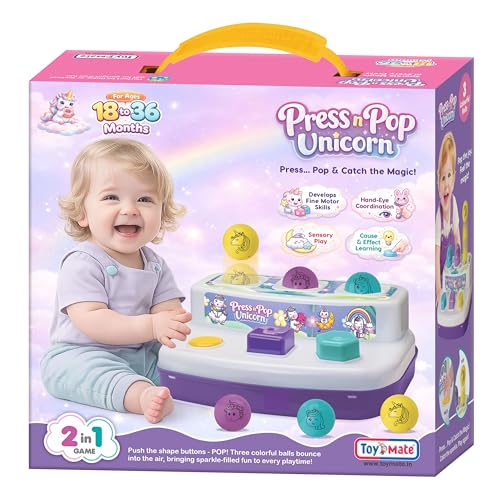 Image of Toymate Press n Pop Unicorn Toy for 18-36 Months | Interactive Pop Up Toy with 6 Unicorn Plates & 3 Balls | Sensory Learning, Fine Motor Skills Toddler