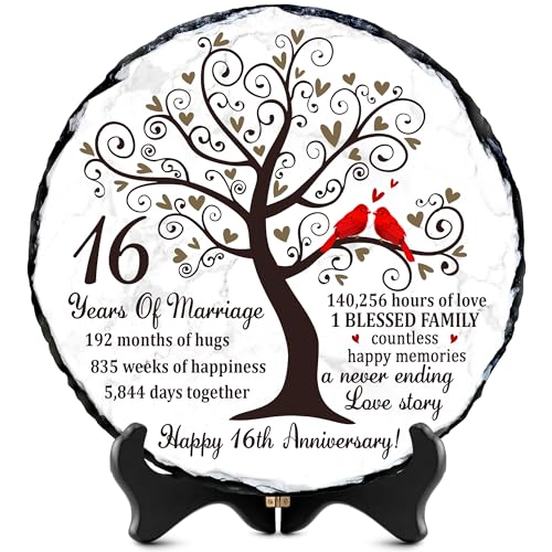Bozspacer 16th Anniversary Wedding Gift for Husband Wife Natural Slate Stone Plaque for Her Him 16 Year Anniversary Marriage Gifts 16th Anni Idea Gift 16 th Anni Decor Keepsake