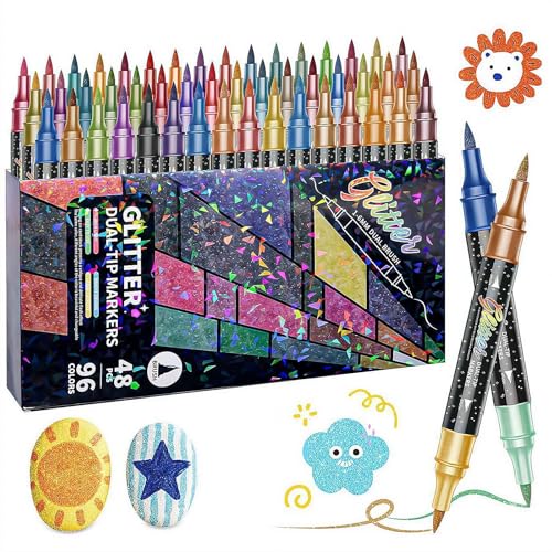 Lot de 48 marqueurs pinceaux à effet pailleté à double pointe pour art et coloriage