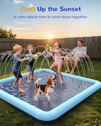 Image of VISTOP Non-Slip Splash Pad for Kids and Dog, Thicken Sprinkler Pool Summer Outdoor Water Toys - Fun Backyard Fountain Play Mat for Baby Girls Boys Children or Pet Dog (67 * 67 inch, Blue&Blue)