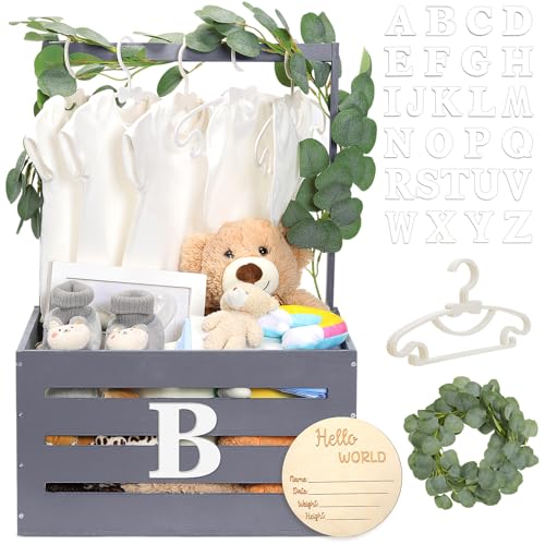 Image of Barydat Wooden Baby Shower Crate Closet Basket with Handle Baby Announcement Sign Garland Hangers Large Letter, Wooden Gift Crate, Letters for Pregnancy New Parent Party(Gray)