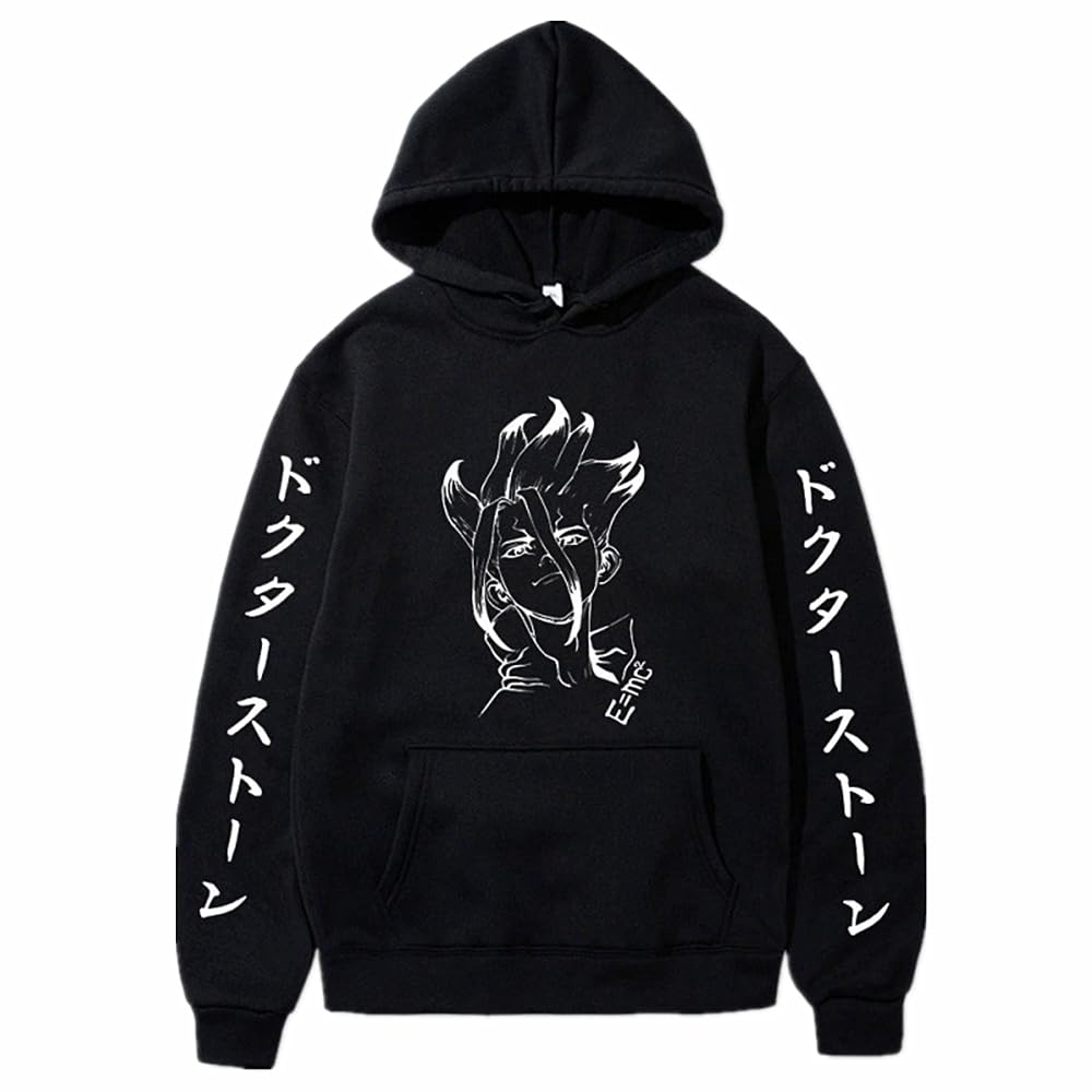 Anime Dr.STONE Character Ishigami Senku Cartoon Print Hoodie,Casual Soft Sweatshirts Used For Manga Fans Cosplay Black