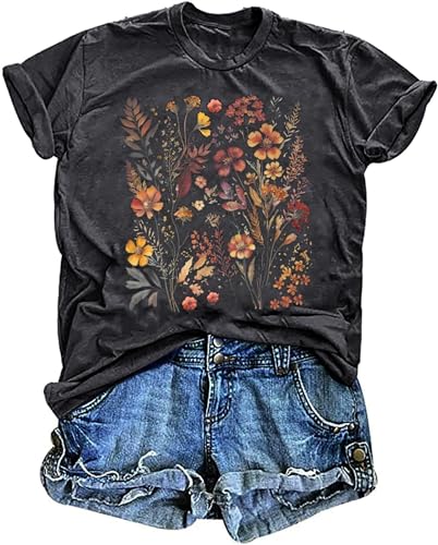 Women's Vintage Floral T Shirt Boho Wildflower Graphic Loose Tees Short Sleeve Casual Tops