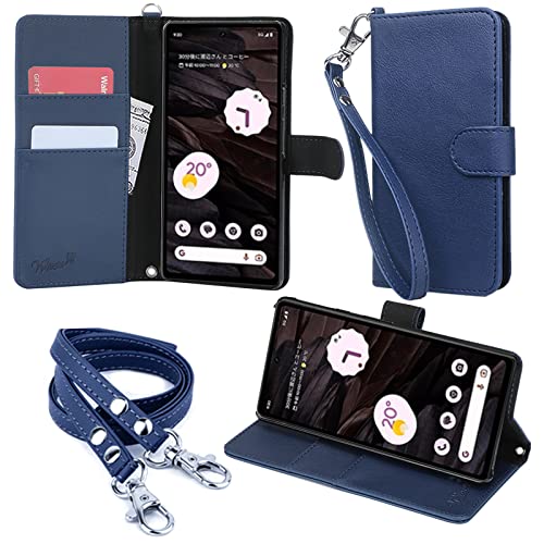 wisers Google Pixel 7a ケース 手帳型 対応 スマホケース (ダークブルー) ストラップ 2種付き (ハンドストラップ/ネックストラップ) 2023年 新型