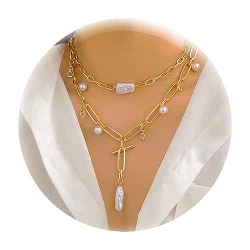 INLOLLY Dainty Layered Pearl Necklace for Women Trendy, 14K Gold Plated Artificial Baroque Pearl Necklace, Vintage Chunky Pearl Choker Necklace