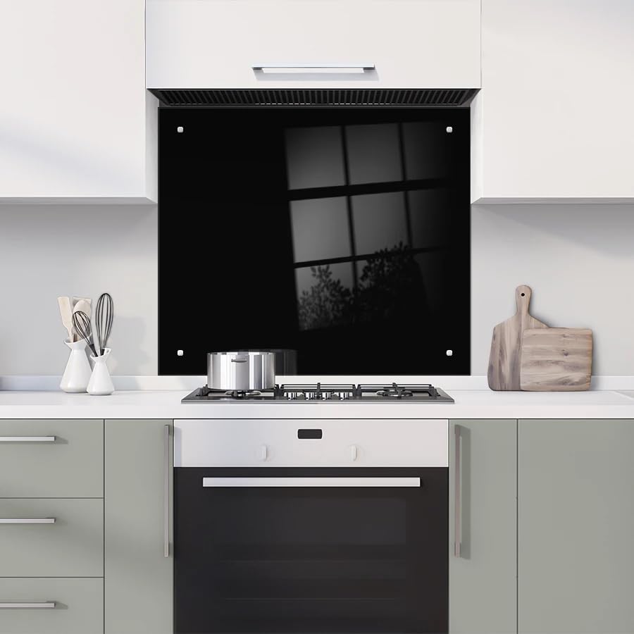 Black Glass Kitchen Splashback Splatter Screen 6mm Toughened Polished Edge Glass Fittings Included (60 x 80cm)
