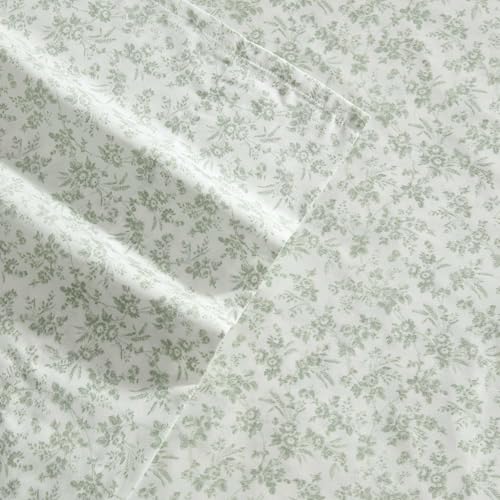 Image of Laura Ashley - King Sheet Set, Ultra-Soft Bed Sheets with a Naturally Silky Smooth Cotton Sateen, Deep Pockets, Floral Bedding with Matching Fitted Sheet & Pillowcases (Floral Toile Green)
