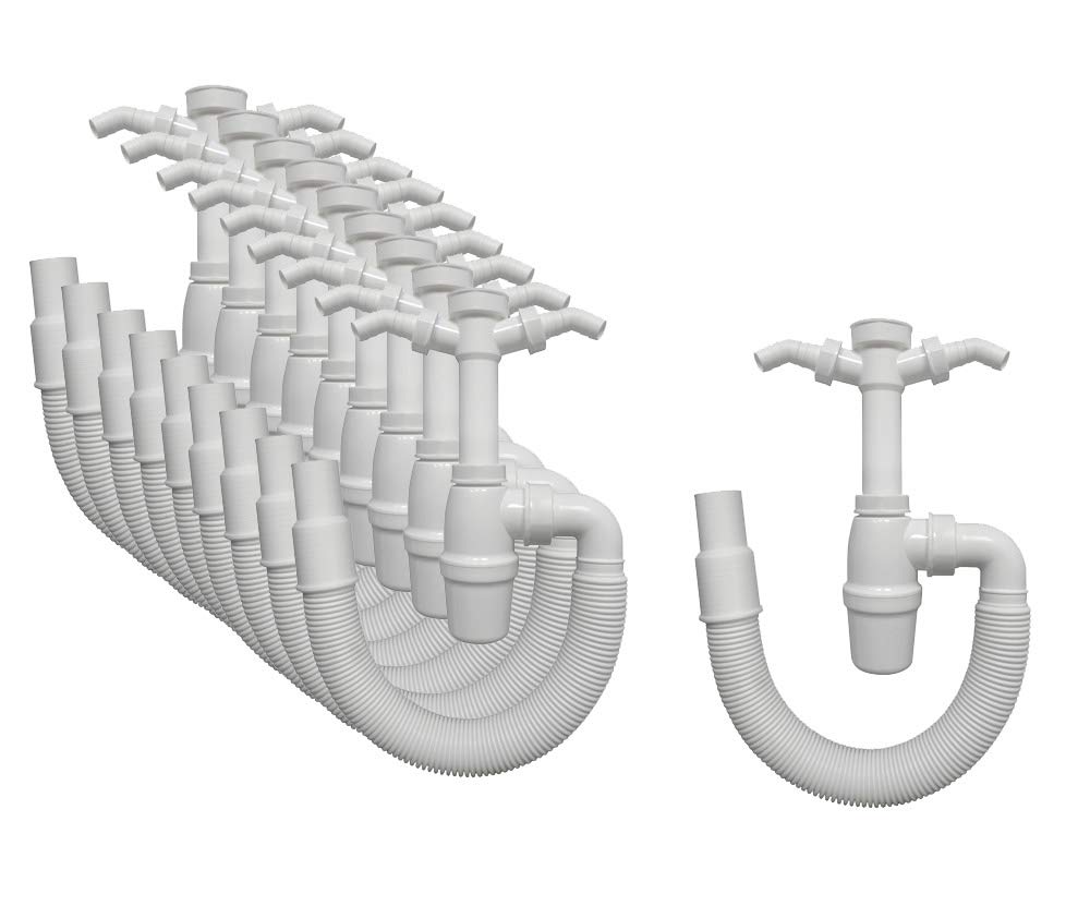 10er SET Flaschensiphon 1,5 Zoll mit flexiblem Anschlussrohr und zwei Geräteanschlüssen