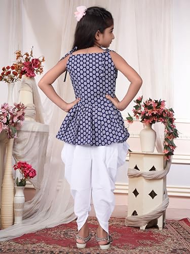 Image of Girls Ethnic Printed Peplum Top and White Dhoti Pant Set | Stylish Sleeveless Kurti with Comfortable Bottom | Traditional Festive Outfit for Kids