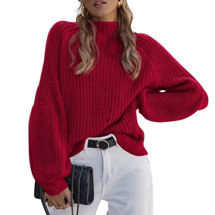 Womens Casual Oversized Sweater Long Sleeve Mock Neck Chunky Cable Knit Top Plain Cropped Sweater Fall Winter Warm