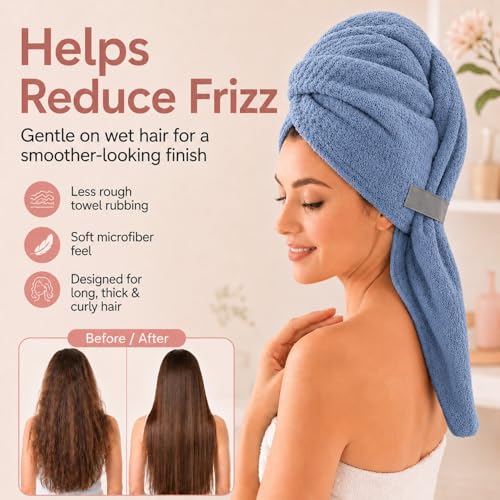 Image of Large Hair Towel Wrap for Women, Quick-Dry Turban, Ultra Absorbent & Anti-Frizz, Ideal for Long, Thick & Curly Hair, Soft Lightweight Microfiber Drying Towel (24x42, Blue)