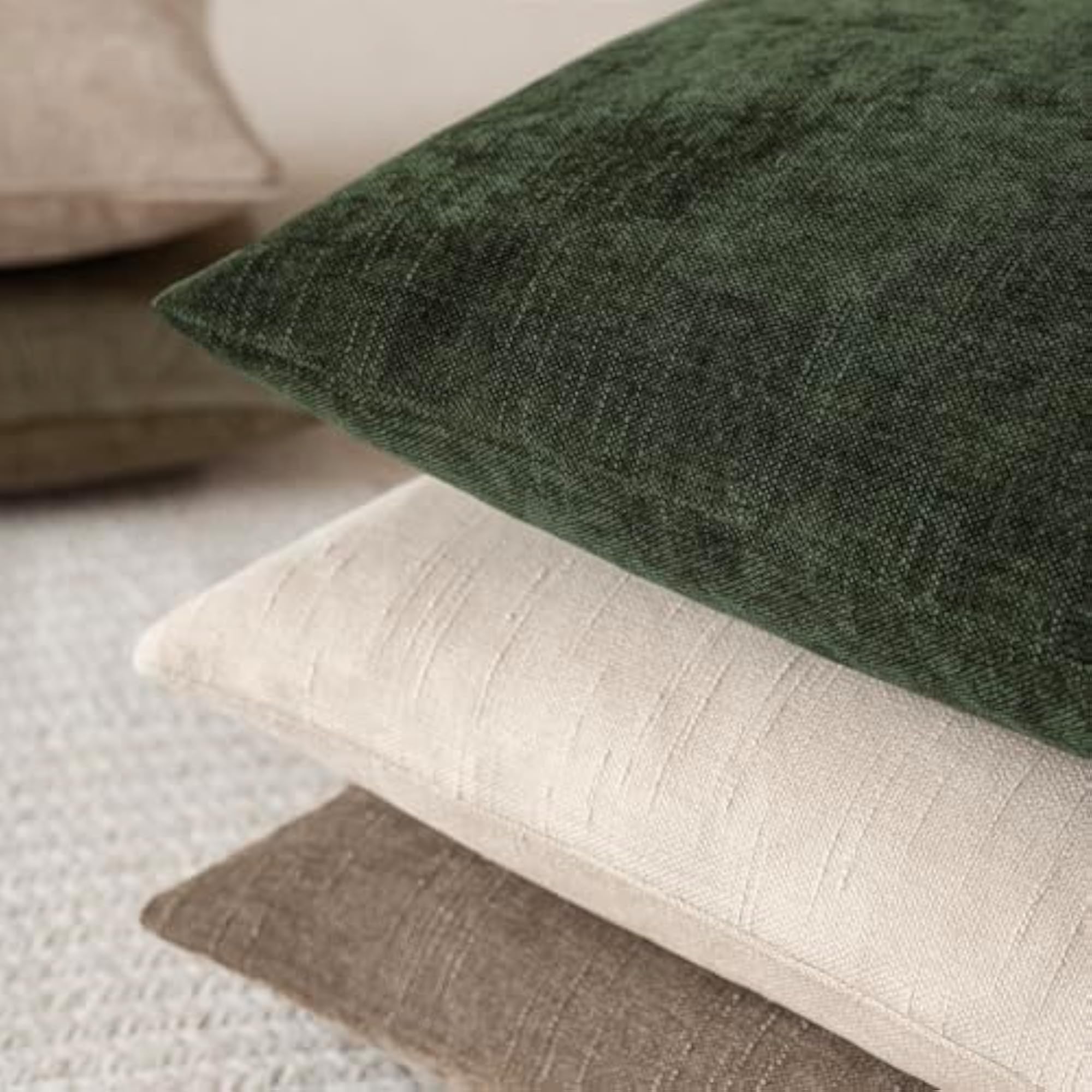 Solid Textured Chenille Throw Pillow Covers 20x20, Dark Green
