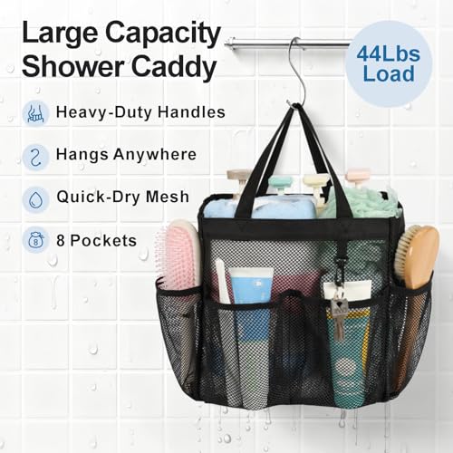 Mesh-Shower-Caddy-Portable-8-Pockets-S-Hook-Shower-Bag-for-Dorm-Camping-2-Handle-Quick-Dry-Hanging-Toiletry-Organizer-College-Dorm-Room-Essentials-for-Girls-Gym-Travel-Bathroom-Black
