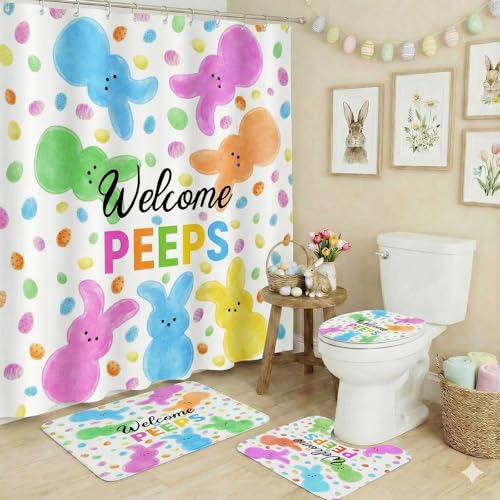 4 Pcs Easter Bathroom Set Bunny Shower Curtain with Non-Slip Rugs Toilet Lid Cover and Non-Slip U Shape Bath Mat Easter Bathroom Decor with 12 Hooks 71 x 71 Inches
